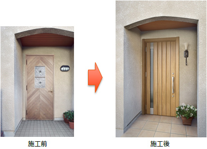 Lixil ニュースリリース 玄関ドアリフォーム後 玄関の床タイルを １ｄａｙリフォーム ができる新工法 玄関床タイルリフォーム工法 を開発 バリエーション豊かな床タイルから さまざまな玄関ドアとのコーディネートが可能
